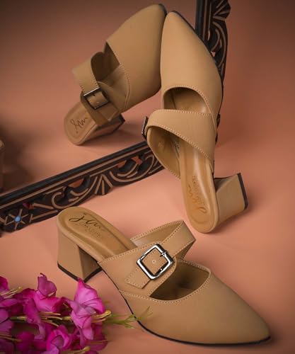 Image of JM LOOKS Sophisticated Buckle Strap Pointed Toe Mules with Contemporary Block Heel for Versatile Fashion Styling