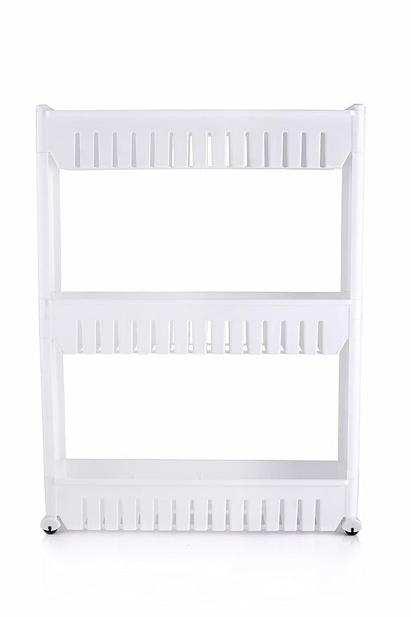Image of 3 Layer Slim Rack Multipurpose compact Storage Rack | Space Saving Storage Organizer Spice Rack Shelf with Moving Wheels Trolley for Kitchen |Bathroom, Bedroom |Durable plastic white