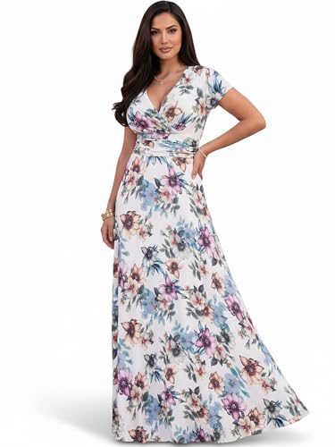Image of KOH KOH Womens Long Cap Sleeve Floral Print V-Neck Summer Flowy Maxi Dress