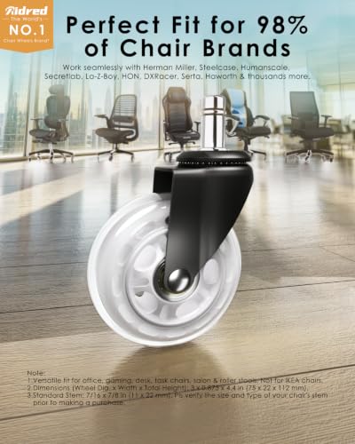 Image of RidRed Gaming Chair Wheels - Heavy-Duty Office Chair Wheels - Replacement Rubber Casters - Universal Fit 3 Inch Chair Casters, Noise Free, Fits 98% Chair, for All Floor (White)