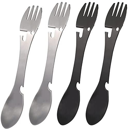 CHENYU 4 Piezas Cubiertos Camping/Juego de cuchillo y tenedor de acero inoxidable 5 en 1/Camping Picnic Pesca Caza Senderismo Viajes