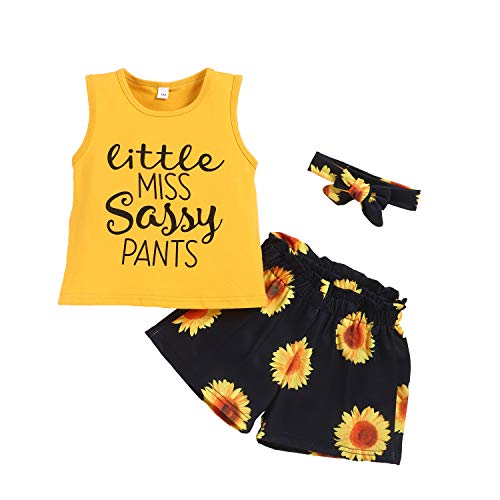 Image of Hipea Toddler Baby Girl Outfits Flower Tops Sleeveless Vest Shorts Headband Summer Clothes Set
