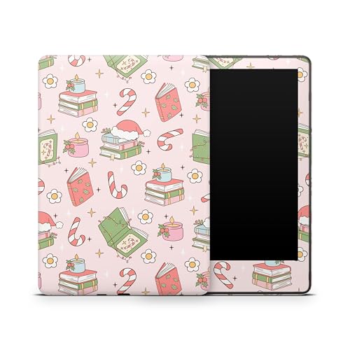 ZOOMHITSKINS Kindle Skin Compatible with Kindle Paperwhite Gen 12 (2024), Pastel Light Pink Cute Christmas Book Flowers Candy Cane, Easy Bubble-Free 3M Vinyl Skin Decal Accessories, Made in The USA