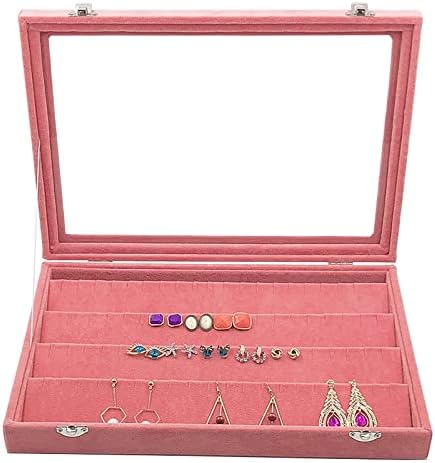 Jewelry Box Velvet Jewelry Storage Box with Glass Cover Pink Color Earrings Necklace Bracelet Ring Storage Tray and Display Props 35 x 24 x 5cm (Necklace Box)