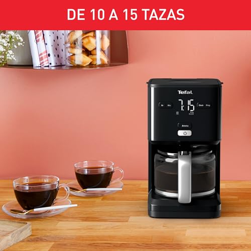 Tefal Smart N Light CM6008 Cafetera Filtro Capacidad de 1.25 l, Cabezal de Extracción Extragrande, Programable 24 h, Función Aroma, Apagado Automático en 30 minutos, Antigoteo, Color Negro