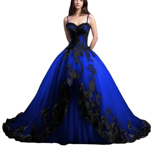 Mauuwy Spaghetti Straps Royal Blue Tulle Quinceanera Dresses Ball Gown Puffy Sweet 16 Dresses Gothic Pegeant Gowns for Women with Black Lace Applique Size 14