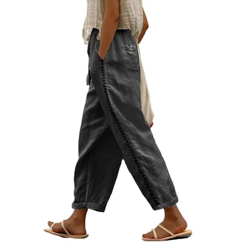 Women's Casual Linen Pants with Pockets Women Wide Leg Drawstring Elastic High Waist Pants Summer Baggy Beach Pants Dark Grey S