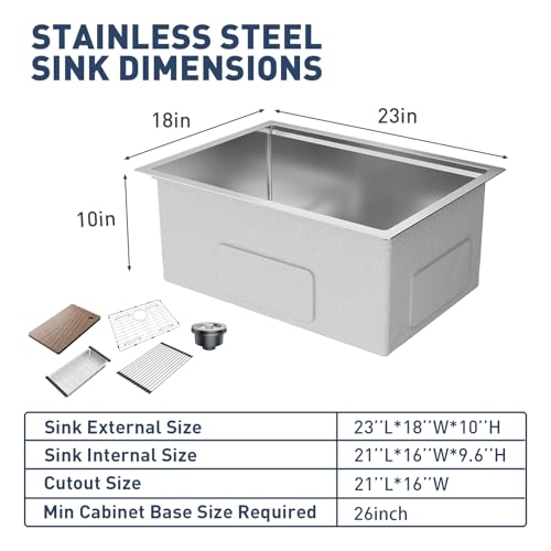 GarveeHome Undermount Kitchen Sink, 23x18 Inch Stainless Steel Kitchen- Single Bowl Sinks, Modern Top Mount 16 Gauge Workstation Sink-with Accessories for Bar, Silver (Not Included Faucet)