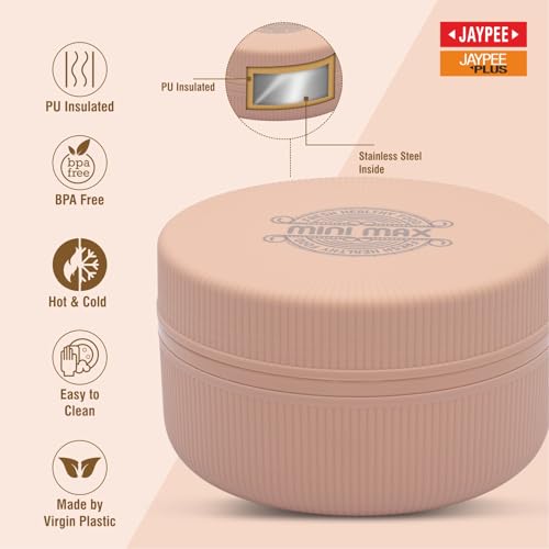 Image of JAYPEE Mini Max Lunch Box for School, Office, Ideal for Snacks and Meal, Keeps Food Hot & Fresh Insulated Stainless Steel Inner with Plastic Dish Inside for Office, College and Picnic, Peach, 830 ml