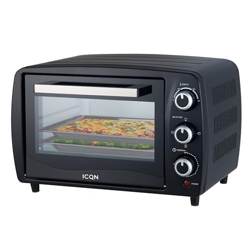 ICQN Mini Horno Eléctrico 15L Compacto, 1200W, 3 Funciones de Cocción, Temporizador 60 min, Termostato 90–230°C, Antracita