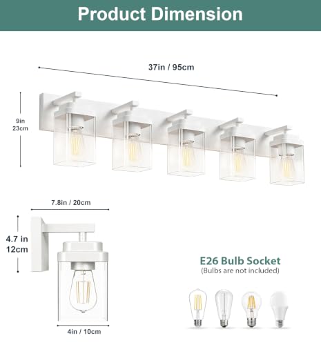Image of White Bathroom Light Fixtures, 5 Lights Bathroom Lighting Fixtures Over Mirror, Square Design & Rectangle Large Backplate, Modern Vanity Lighting Fixtures, for Bathroom /Living Room /Bedroom