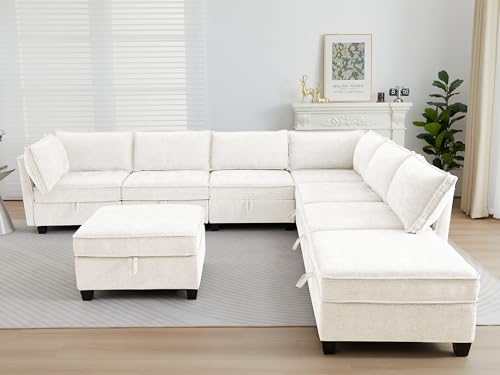 Image of ORRD Oversize Corner Modular Sectional Sofa Set, Convertible L Shaped Couch with Storage, 8 Seater Sofa Modular with Ottomans and Reversible Chaise for Living Room, Office (Beige)