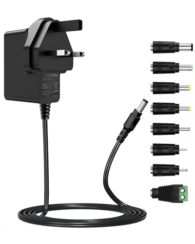 Akinguar 12V 2A Power Supply Adapter with 8 DC Connectors AC 100-240V to DC 12V Converter Adapter Transformer UK Plug 2.1mm X 5.5mm Tip for LED Lights CCTV Security Camera Router Speaker