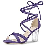 Allegra K Sandalias Terciopelo Tacón De Bloque Transparente Cordón Arriba para Mujeres Morado 36