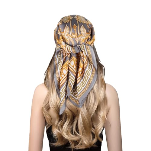 EXTREE Fashion Silky Satin Headscarf for Women Girls: Exquisite Pattern Lightweight Silk Graceful Scarfs 27.5 x 27.5 inches Flower Vine Gray Background