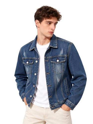 Image of Men's Indigo Blue Denim Jacket | Distressed Trucker Style | Regular Fit Casual Denim Jacket for Men | Premium Quality | Perfect for Casual & Outdoor Wear