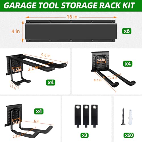 Image of PIYILO Garage Wall Organizer, 96 in Garden Tool Organizer with 12 Adjustable Garage Hooks and 3 Storage Straps, Heavy Duty Tool Holder Wall Mount for Garden & Shed Tools