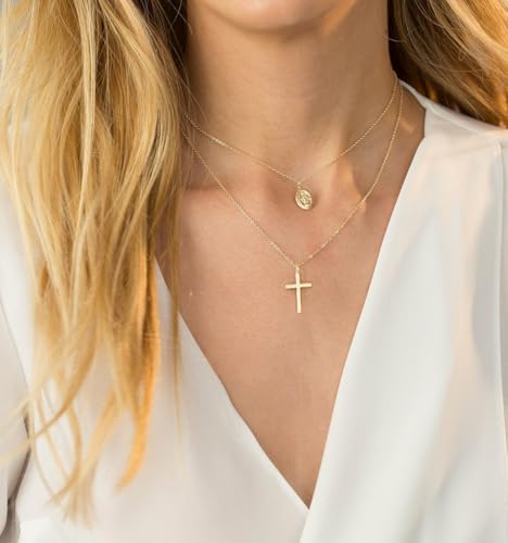 NIXMAX Small Cross Necklace for Women, 14K Gold Plated Simple Charm — view 3