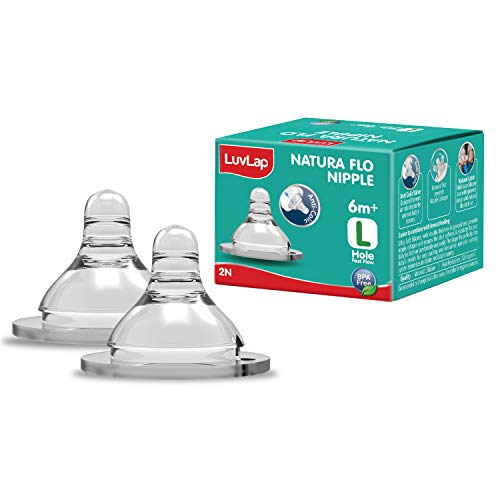 Luvlap Anti-Colic Natura Flo Teat/Nipple for Wide Neck Bottle, 2pcs, Fast Flow, 6m+