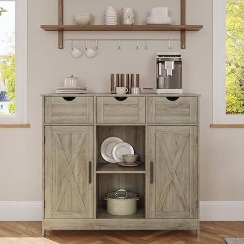 Image of Viaozutis Storage Cabinet, Coffee Bar Cabinet with 2 Adjustable Shelves, 3 Drawers, and 2 Doors, for Bathroom, Kitchen, Living Room (Gray)