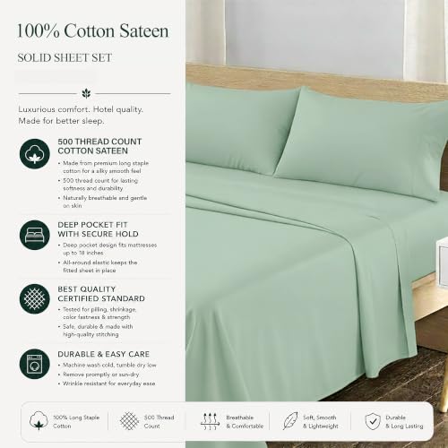 Image of Feather & Stitch 500 TC Split King Size Sheet Set, 5 Piece Bed Sheets Set-2 Twin Fitted Sheet, 1 King Flat Sheet & 2 King Pillowcases, 18 inch Deep Pockets Sateen Weave Solid Bedsheet - (Soft Sage)