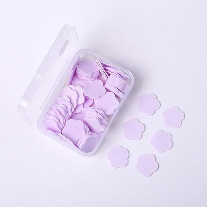 100Pcs Purple Mini Portable Travel Soap Paper Sheets,Flower Shape Disposable Paper Soap Flakes, Foot and Hand Care Hand Wash Cleaning Washing Hand Toiletry Paper Sheets Foot and Hand Care Cleansers