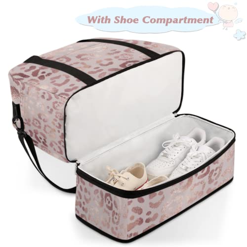 Leopard Print Cheetah Rose Gold Travel Duffle, Sports Gym Bag With Shoes Compartment, Weekender Overnight for Women Men4