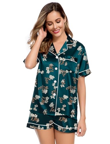 Image of LecGee Womens Silk Satin Pajamas Short Sleeve Loungewear Two-Piece Sleepwear Button-Down Pj Set Deep Green Floral Medium