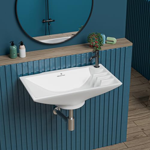 Image of REMOTION Ceramic Wall Hung Corner Wash Basin for Bathroom | Wall Mounted Corner Sink for Small Bathrooms & Powder Rooms | Space-Saving, Durable & Stylish Design (16 x 9 x 5 Inch)