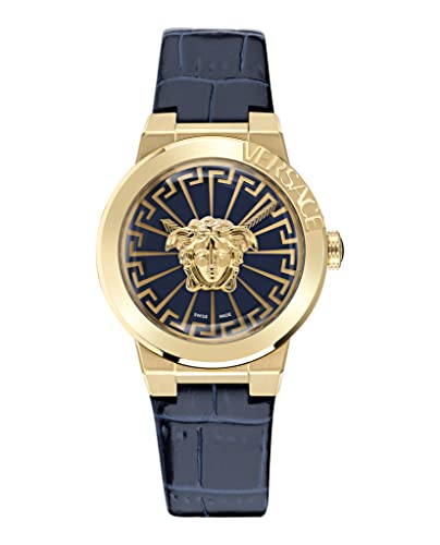 Versace Medusa Infinite Collection Luxury Womens Watch Timepieces with a Blue Strap and Dial Featuring a IP Yellow Gold Case