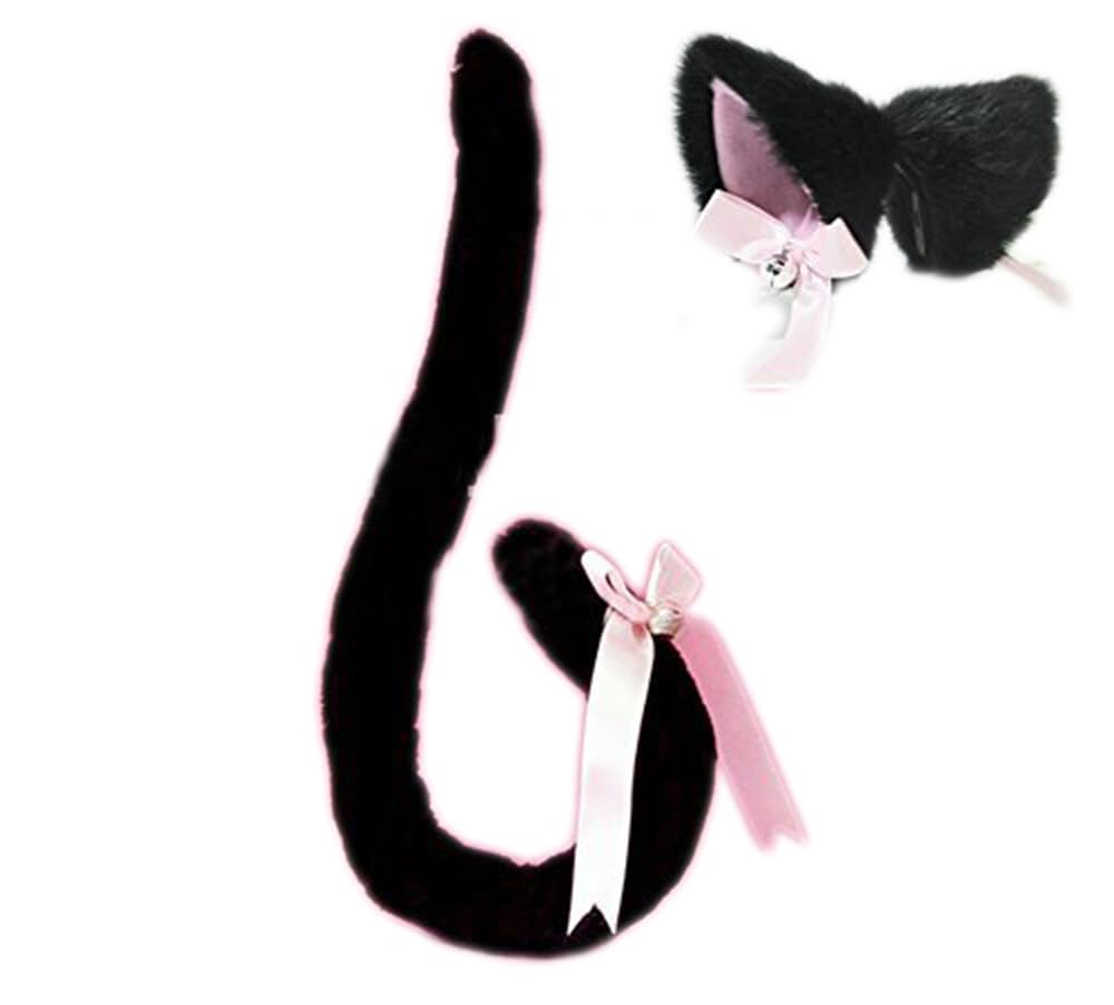 Anime Cosplay Costume Party Fox Cat Ears Hair Clips + Tail with Bell (Black)