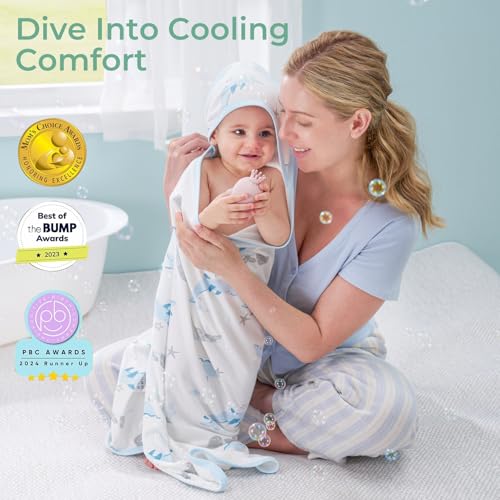 Image of Momcozy Baby Towel with Hooded-Original Design Baby Towel Set -Soft & Absorbent- Shower Gifts or Bath Essential for Infant, Newborn, Toddler, Marine Sea Whale Seal Waves Magic