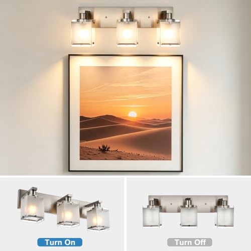 Image of 3-Lights Bathroom Vanity Light Fixtures, Modern Brushed Nickel Vanity Lights with Rectangular Frosted Glass Shade, Wall Sconce Lighting for Living Room Bedroom Kitchen, E26 Bulb Base