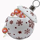 Christmas Chocolate Candy Filled Gift Box, Snowflake Ornament Glitter Ceramic Holiday Candy Dish with Red and Green Wrapped Oatmilk Non-Dairy Chocolate Truffles, Christmas Treat Basket Gift and Table Centerpiece Decor