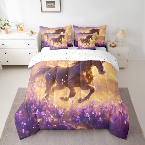 Feelyou Horse Comforter Set with Sheets Purple Floral Flowers 7 Piece Bedding Set for Kids Boys Girls Wildlife Animal Horse Bed in a Bag Soft Bed Set Twin Size
