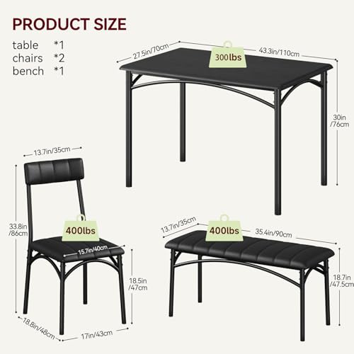 GarveeHome Dining Table Set for 4, Kitchen Table with Upholstered Chairs and Bench, Wood Rectangular Dining Table and Chairs Set for Small Space, Apartment, Dinner, Rustic Black