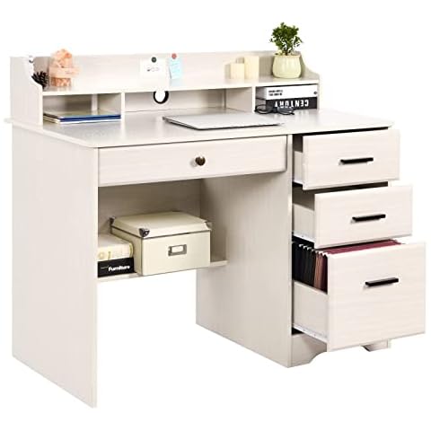 White Desk with Drawers and Storage, Home Office Desk Computer Desk with 4 Drawers & Hutch, Home Desk Computer Table Desk with Drawers for Bedroom, Off-White Cover