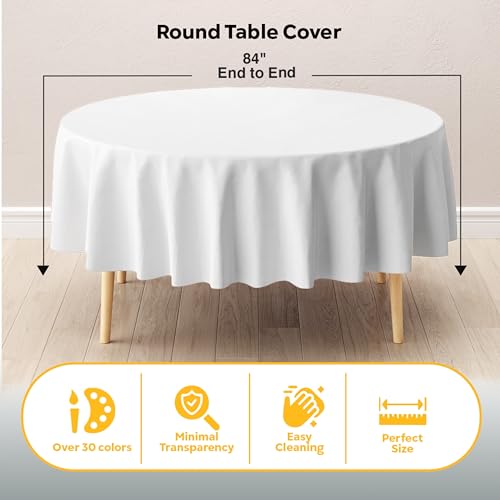 Image of Exquisite White Round Plastic Table Cloth Disposable 6 Pack - 84 Inch Round Value Pack - Economy Tablecloth for Parties Events and Everyday Use - Budget Friendly Table Cover
