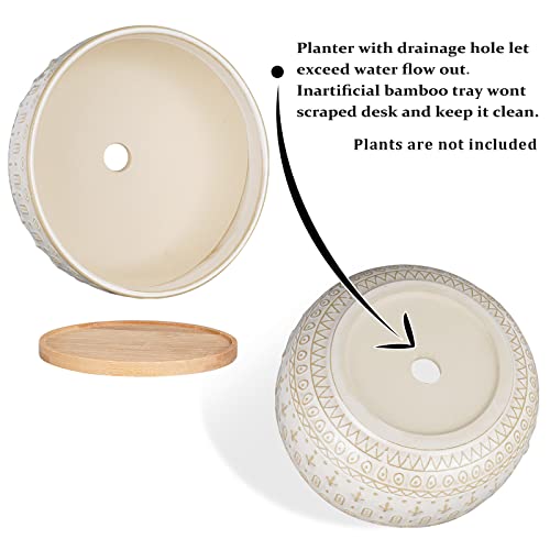Fivepot 8 Inch Ceramic Succulent Planter Pots With Drainage Hole Flower Pot For Indoor Plants Round Shallow Bonsai Pot With Bamboo Tray White #TOP2