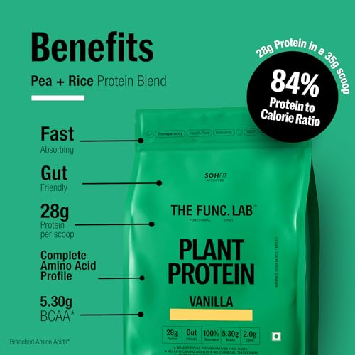 Image of The Func. Lab Plant Protein for Men and Women - Vanilla Flavour | 1 kg | 28g Protein per Scoop | Pea and Rice Blend | Vegan, Sugar‑Free | 100% Clean Label, Gut Friendly, Vegetarian