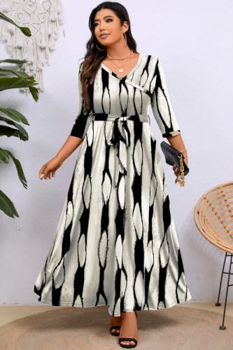 Image of Runwind Plus Size Dress for Women - 3 /4 Sleeve V Neck Maxi Dresses for Women (XL-6XL)