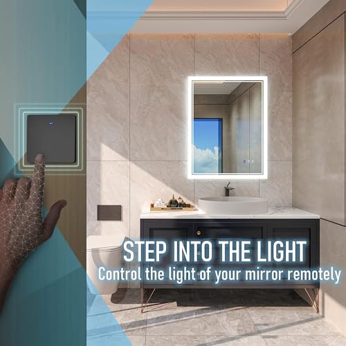 Image of TEX-RO LED Bathroom Mirror with Lights | Anti-Fog Dimmable Vanity Mirror for Wash Basin | Frameless Wall Mirror for Bathroom | Touch Sensor, IP44 Waterproof, CRI>95, Memory Function - 24x18 Inch