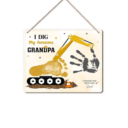 DIY Baby Footprint Excavator Crafts Sign for Construction Grandpa, First Fathers Day Birthday Sign Gifts from Grandkids Handprint to Construction Grandad Keepsake Plaque Gift, I Dig My Awesome Grandpa