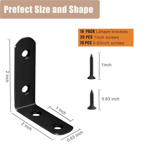 Image of 18-Pack L Shape Corner Brackets, Stainless Steel Metal Angle Braces for Wood Furniture, Heavy Duty Black 2 inch Shelf Bracket with Long Screws for Household Project (L Shape Black)