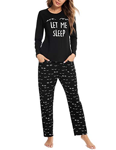 Eishopeer Women's Cotton Long Sleeve Pajamas Set Cute Printed Pjs Sleepwear Sets Black M #TOP2