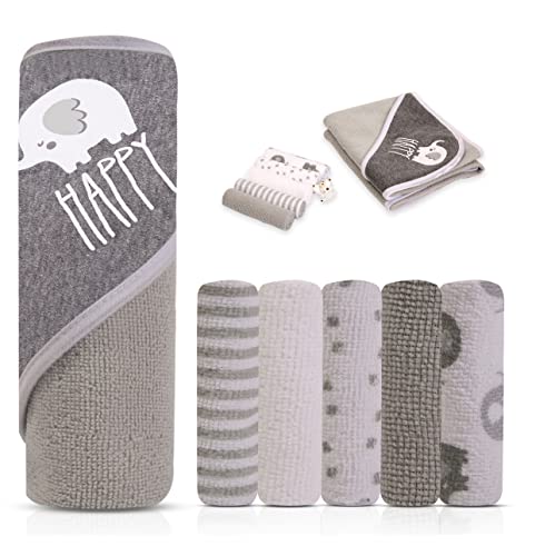 Image of MODERN BABY Hooded Baby Bath Towel Set with 5 Washcloths