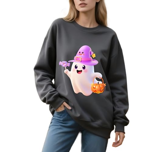IRUD Halloween Sweatshirts for Women - Oversized Ghost Pumpkin Lantern Candy Pattern Round Neck Casual Long Sleeve