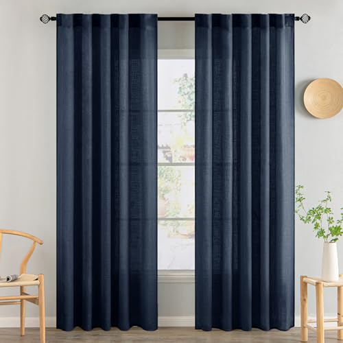 MIULEE Navy Blue Linen Curtains 84 Inch Length 2 Panels