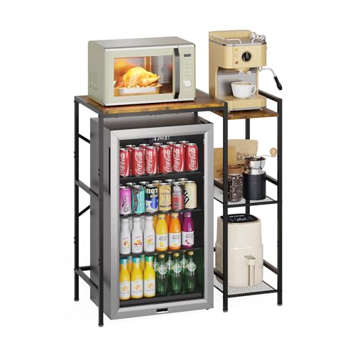 Yuyetuyo Mini Fridge Stand with Storage Shelves, Wine Cabinet, Microwave Stand, Coffee Bar, TV Stand, Bakers Rack, Beverage Refrigerator Table Adjustable for Dorm Apartment Kitchen Rustic Brown