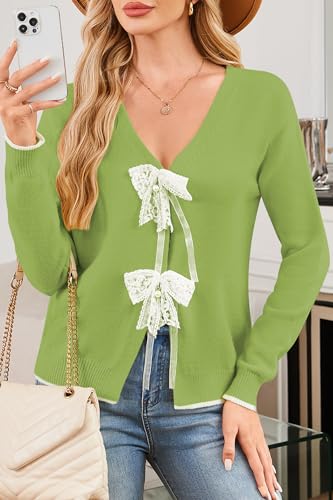 Image of Cakulo Womens Bow Tie Sweater V Neck Cardigan Sweaters 2026 Lightweight Spring Fashion Knit Cardigans Outfits